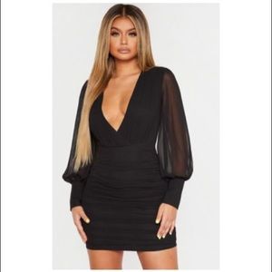 Black Chiffon Ruched Bodycon Dress